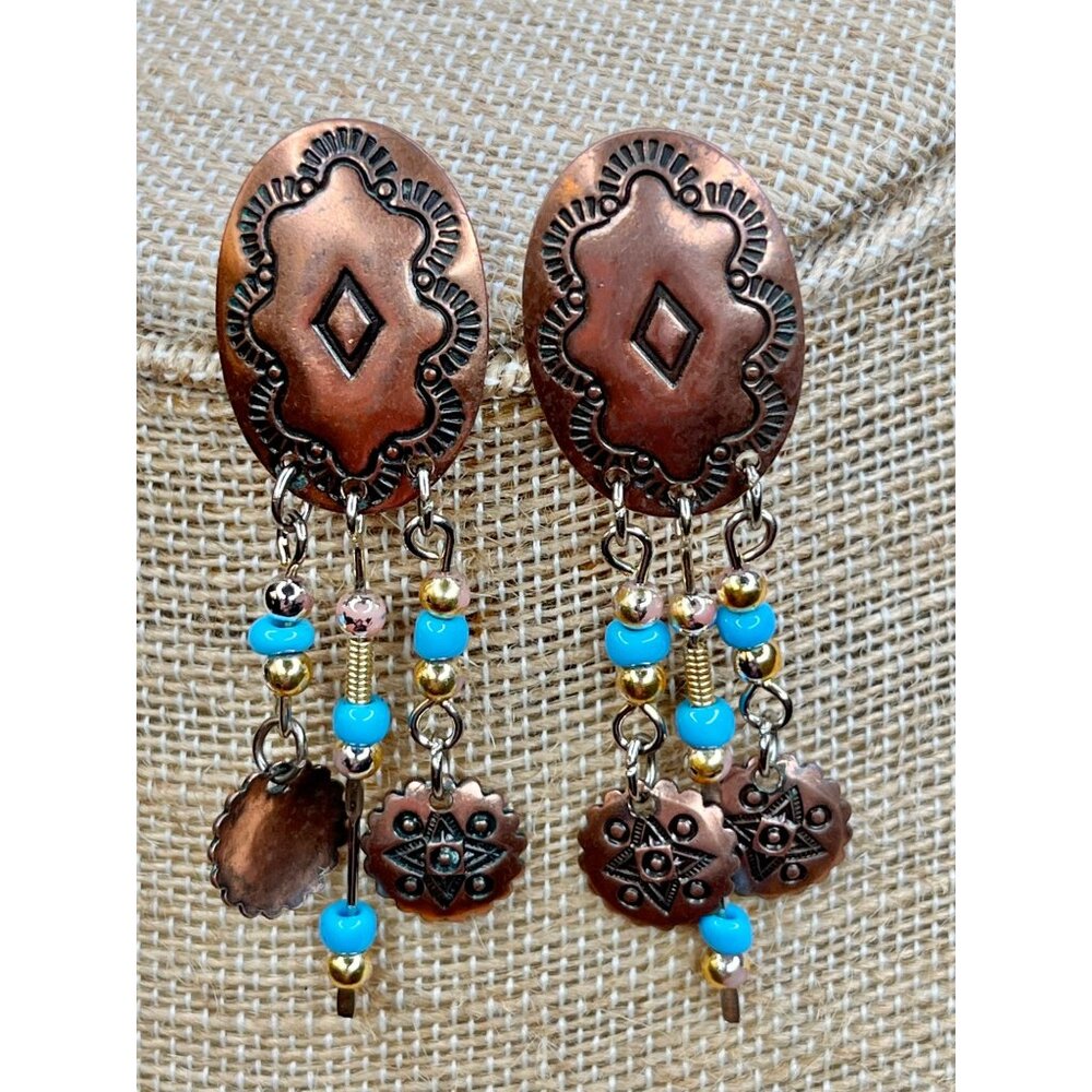 Vintage Copper & Turquoise Beaded Dangle Earrings With Geometric Design & Tribal - Picture 9 of 11